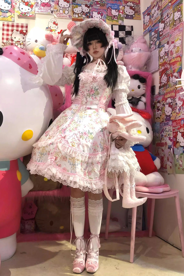 Ivory & Pink Sleeveless Floral Wall Print Lace Bow Sweet Lolita JSK Dress
