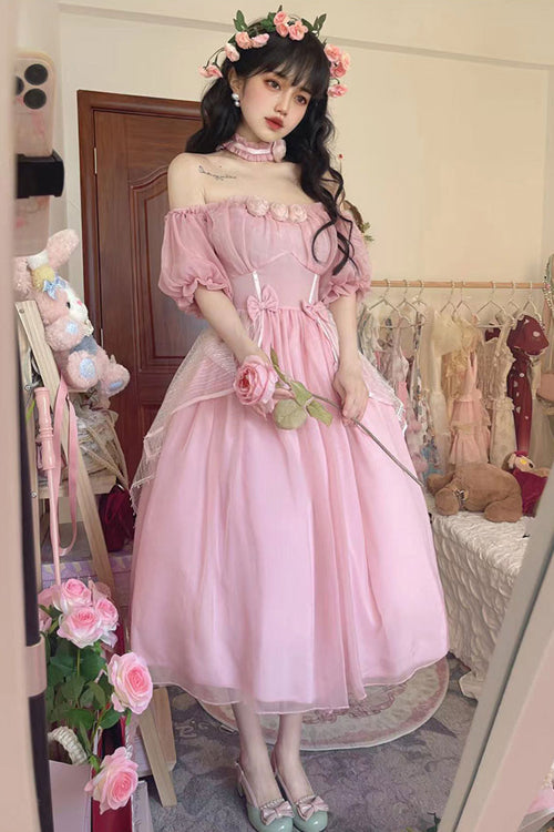 Boat Neck Bubble Short Sleeve Blossom-Adorned High-Waist Girly Lolita Dress