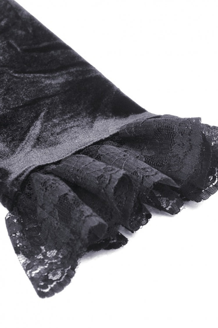 Ink Crewneck Long Puff-Sleeve Lace Hem High-Low Velvet Gothic Wedding Dress for Women