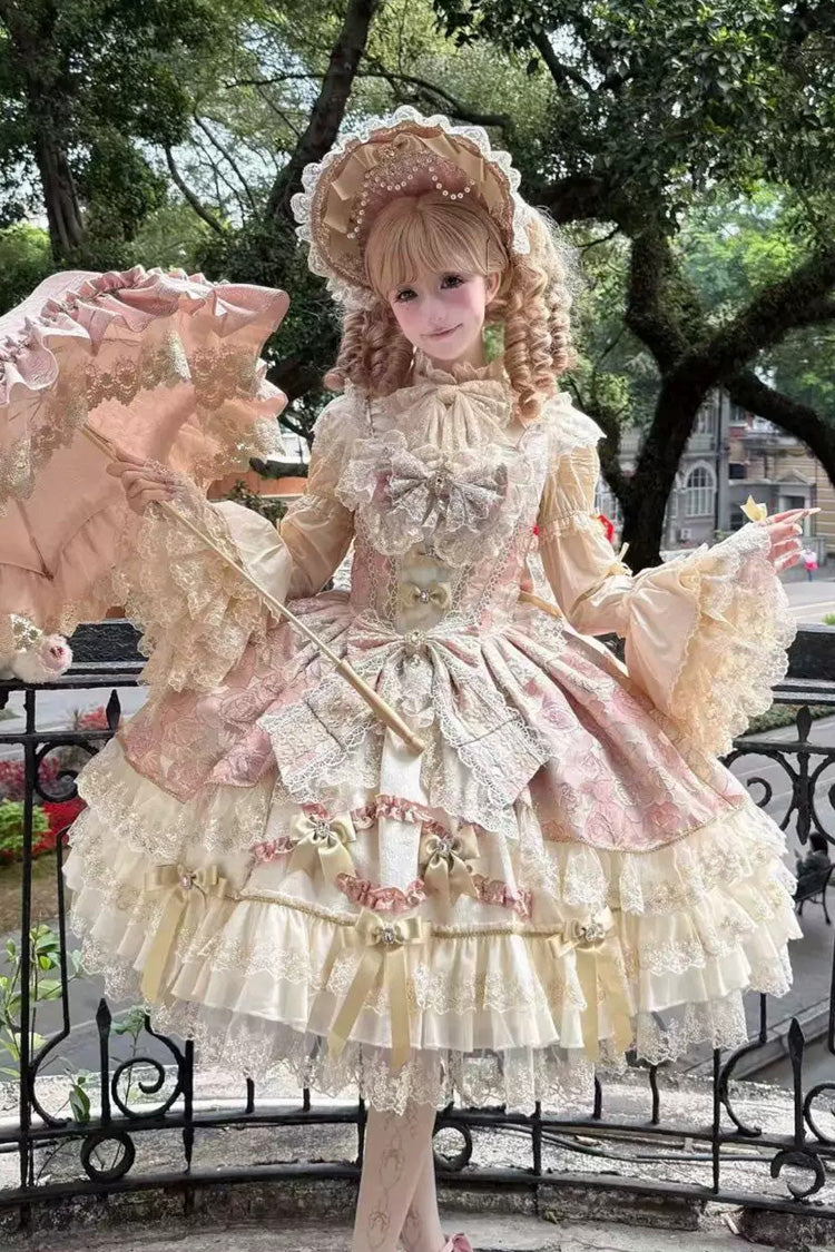 Gilded Waltz Square Collar Sleeveless Printed Embroidered Bow Lace Sweet JSK - Pink
