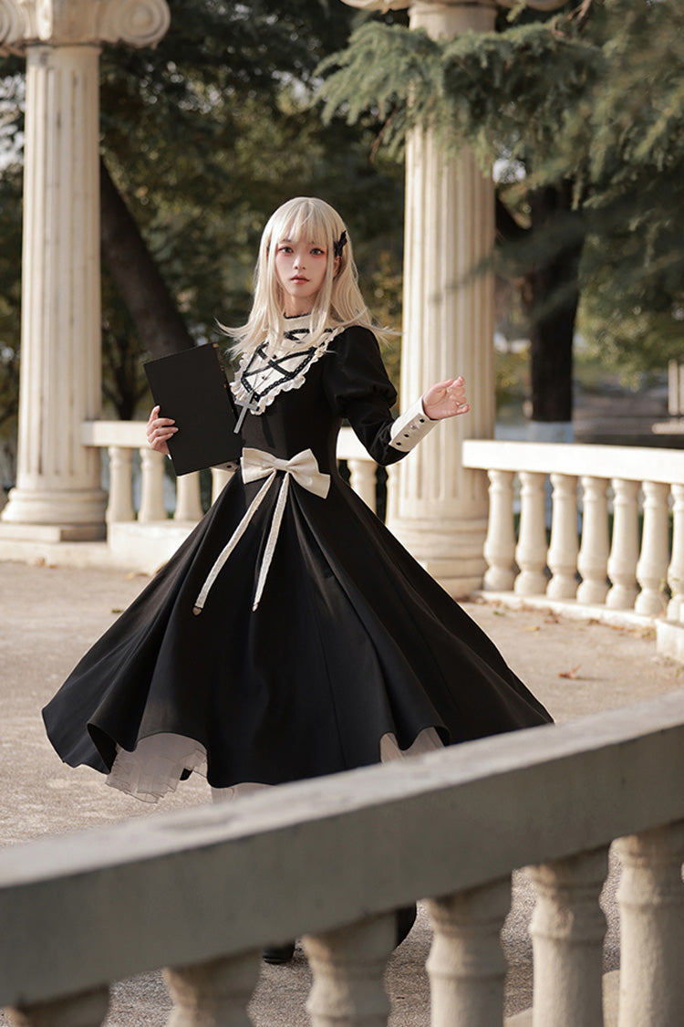 Elegant Lolita Dress with Stand Collar, Ruffles, and Bowknot