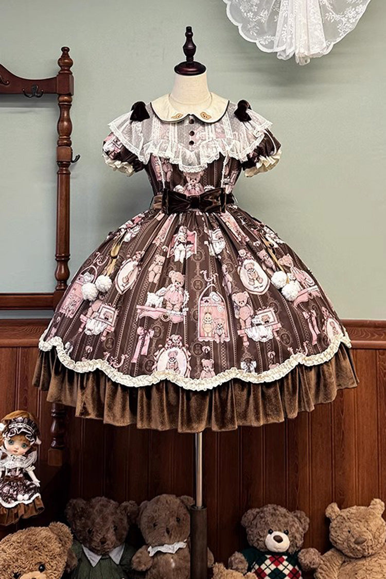 Brown Bear Wall Print Short Sleeves Ruffle Embroidery Bow Sweet Dress