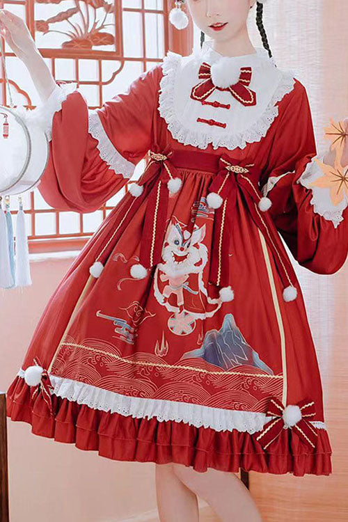 Scarlet Lion Hydrangea Print Bow Multi-Layer Ruffled Lolita OP