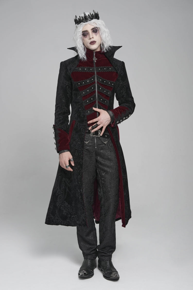 Noir & Red Crystal-Trimmed Printed Zip Gothic Overcoat