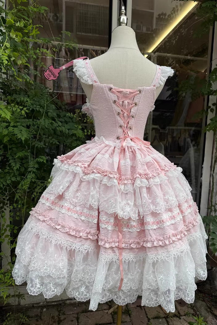 Pink Sleeveless Ruffled Bow Lace Sweet Lolita JSK - Reinas