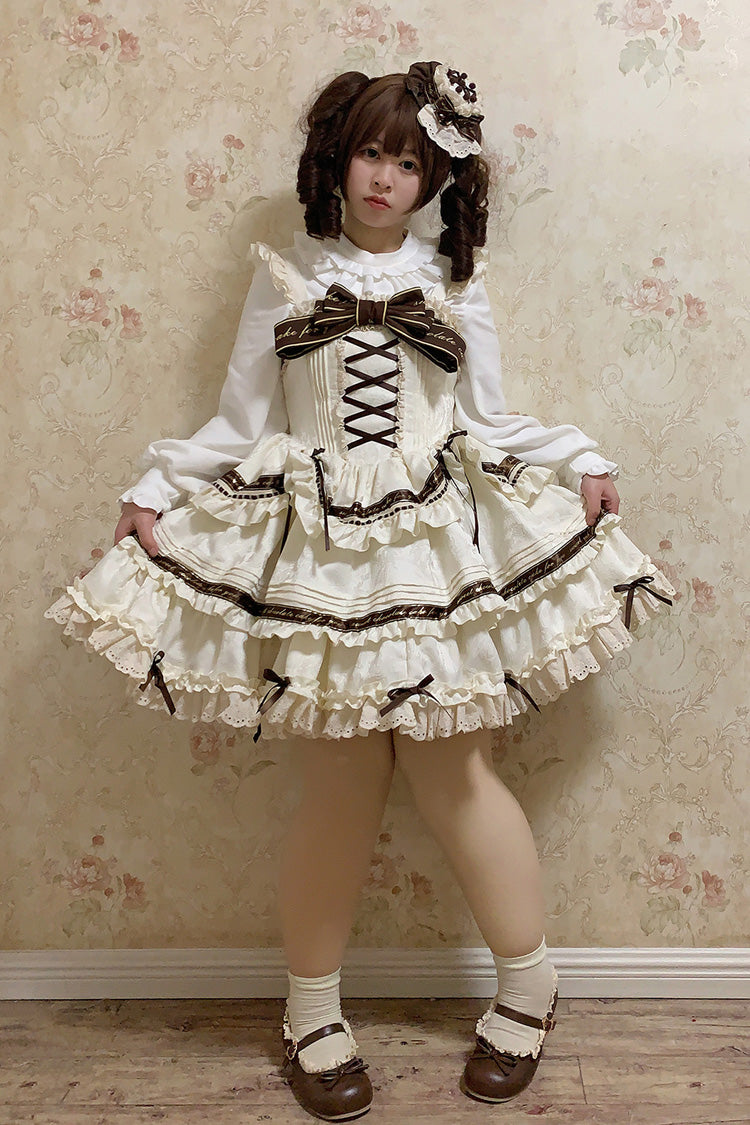 Double-Layered Ruffle Bowknot Sweet Plus Size Ivory Chocolate Sleeveless Jsk Dress