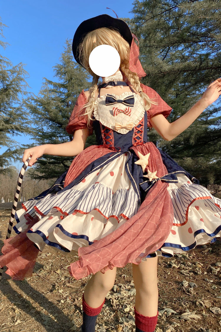 Multicolor Circus Print Puff-Sleeved Lolita Dress with Bow Accents