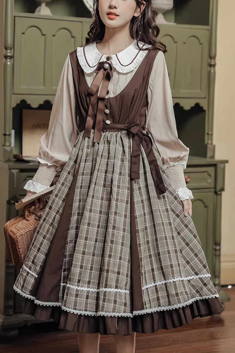 White/Brown Campus Sweet Lolita OP Dress Doll Collar Lantern Sleeves - Altfashion Shop