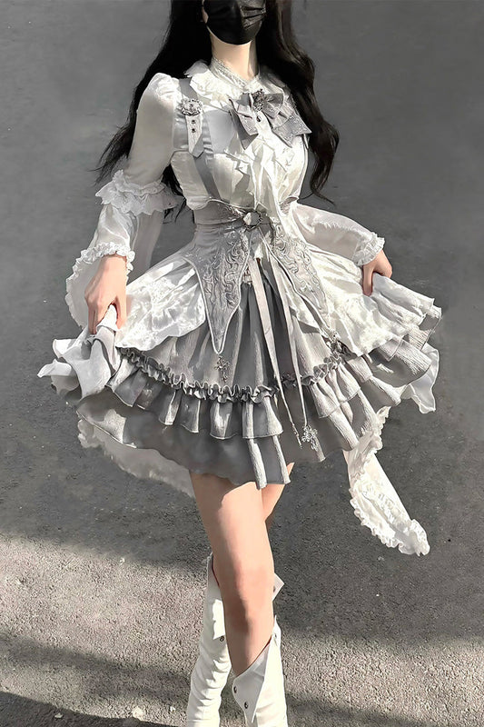 Ivory and Silver Key Embroidered Open-Front Bow Gothic Lolita Skirt Ensemble
