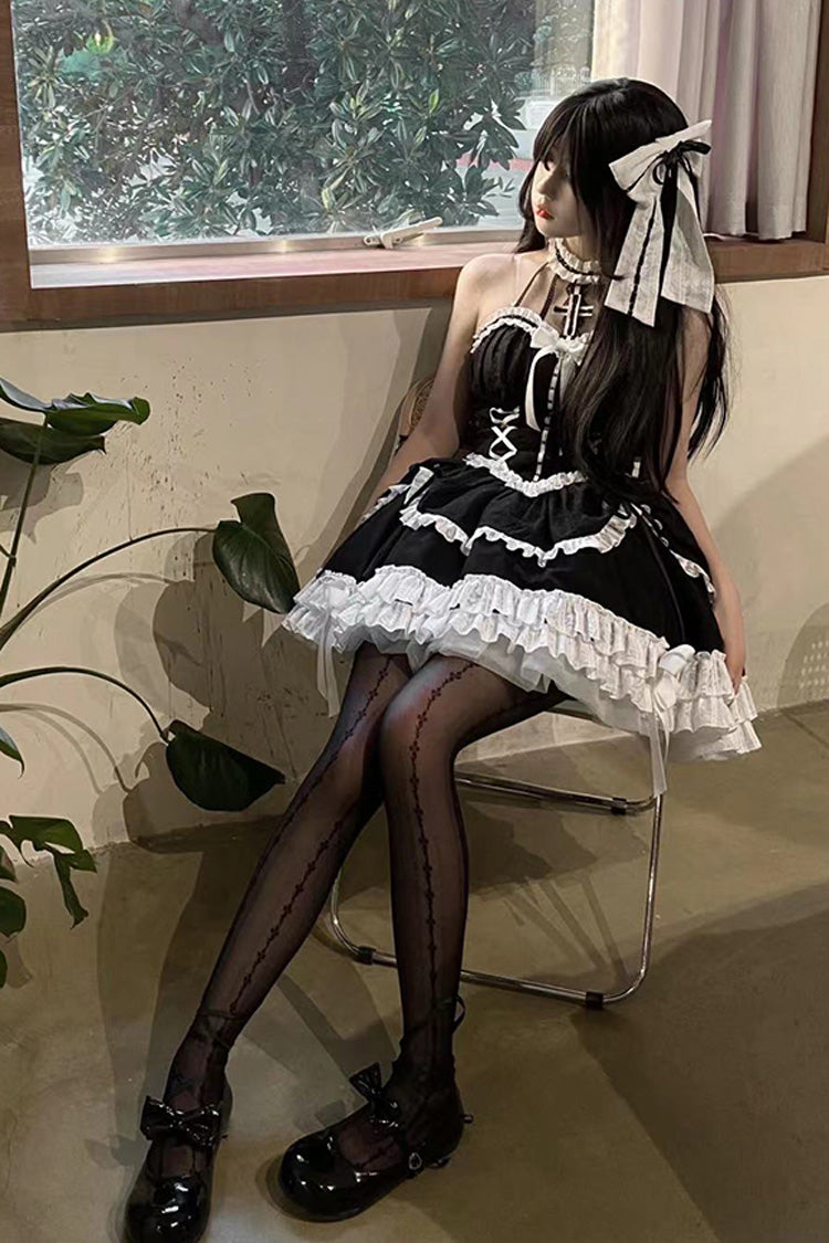 Black Cross Halterneck Lace-Up Gothic Lolita Dress - Princess Ruffled Bowknot