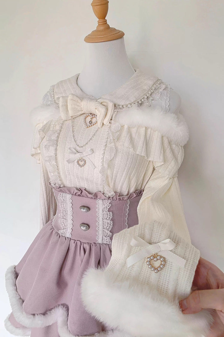 Pearl Decorated Bow Lace Off Shoulder Knit Jirai Sweater in Two Tones