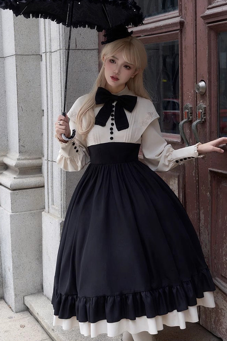Elegant Rose-Embroidered Long-Sleeve Ruffle Bow Dress with Faux Two-Piece Style in 2 Shades