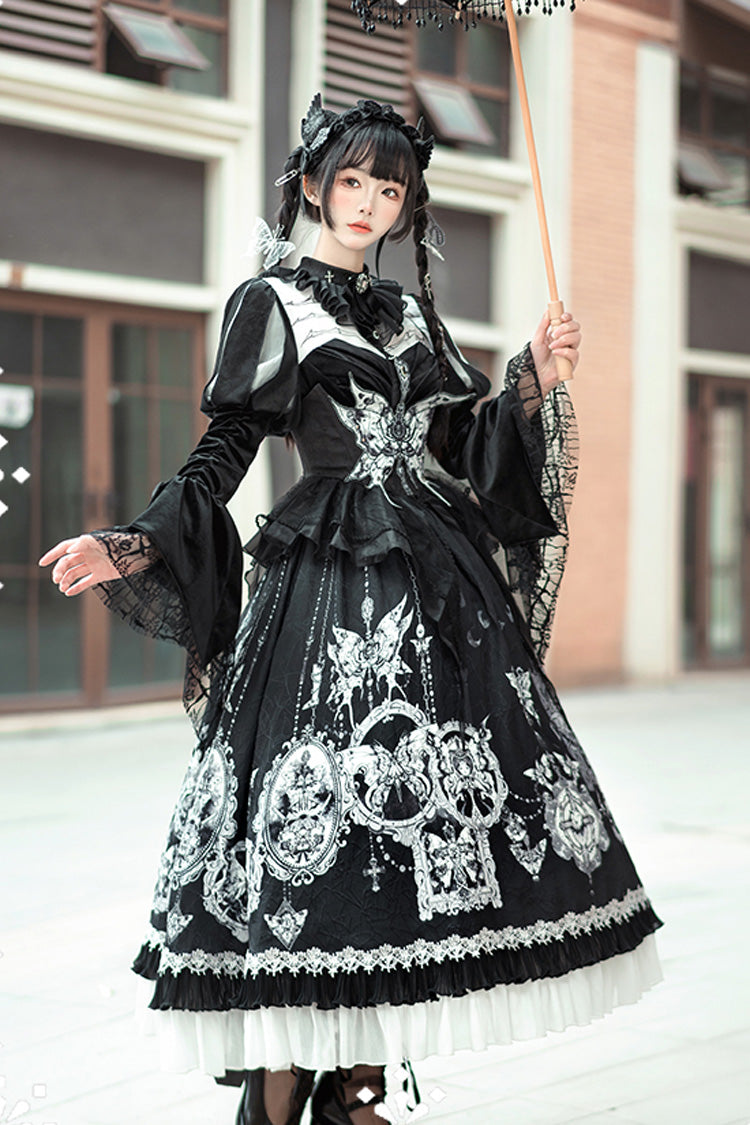 Black Feast of Bones Printed Ruffled Bow Lace Gothic Elegant Long Dress