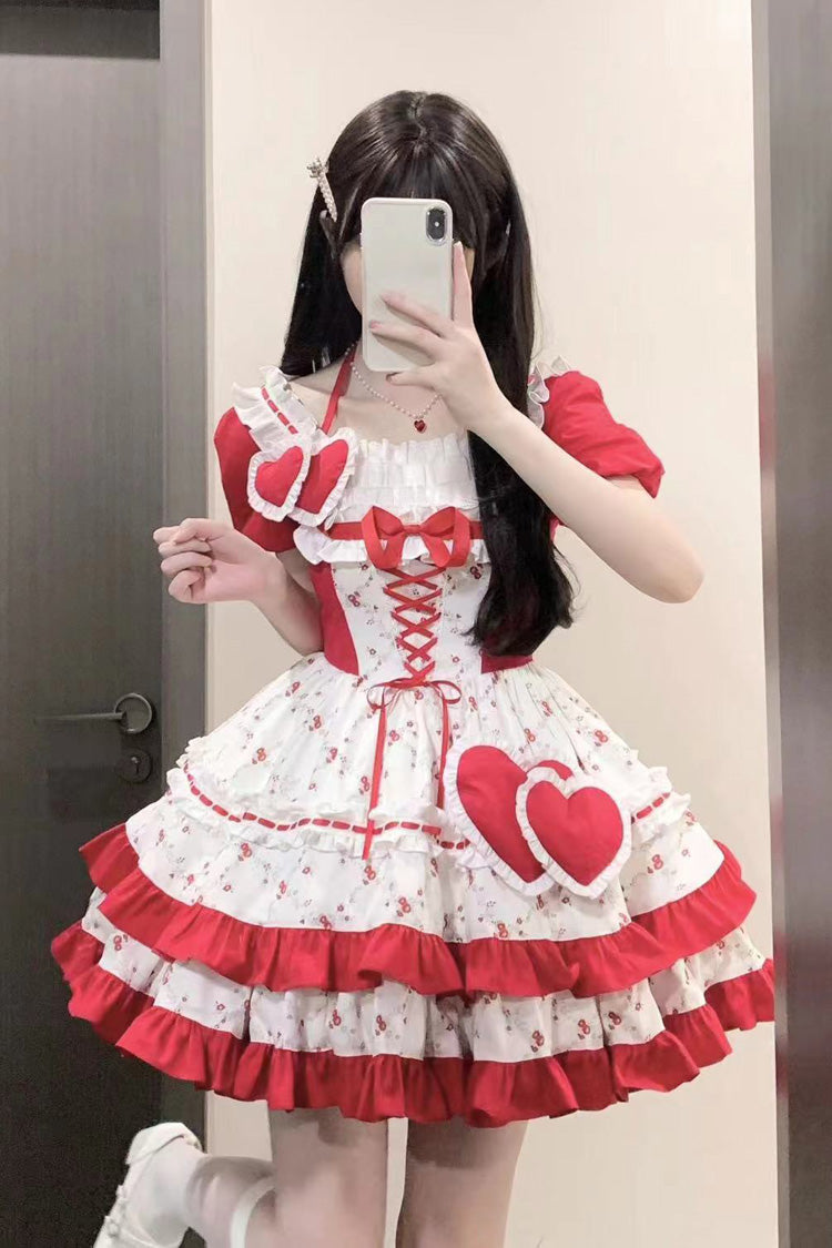 Red Double-Layered Floral Print Ruffled Bowknot Sweet Dress
