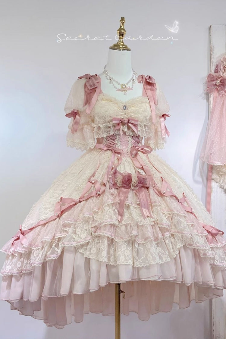 Diane Rose Pink Short Sleeves Multi-Layered Jacquard Ruffle Hanayome Cardigan Bowknot Lace Sweet Dress