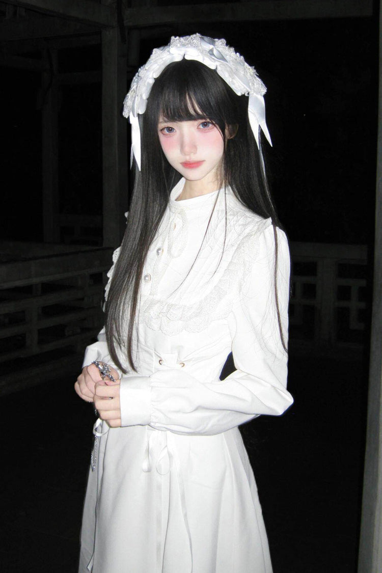 Gothic Apricot Stand Collar Long Sleeve Ruffled Lace-Up Midi Lolita Dress
