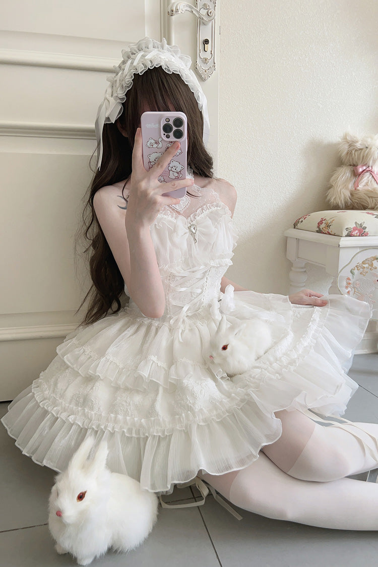 White Sweet Lolita JSK Halterneck Triple Layered Bowknot Lace
