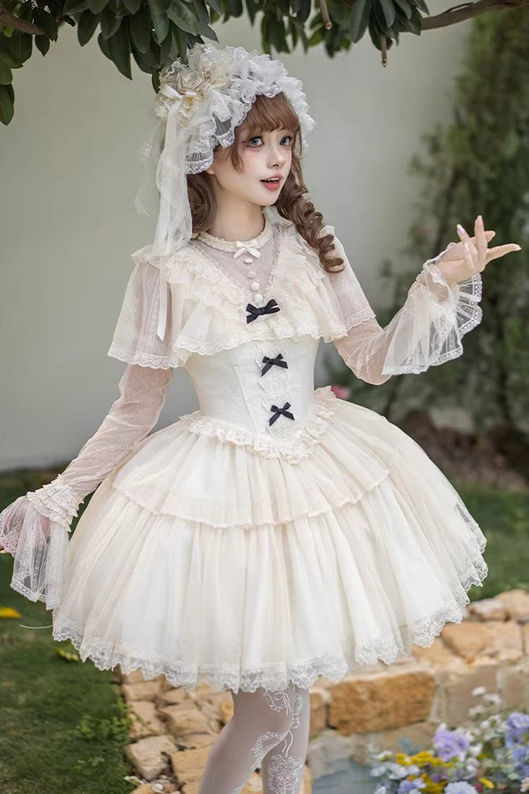Elegant Sweet Lolita Dress with Edwardian Collar and Ruffled Bow - Ivory