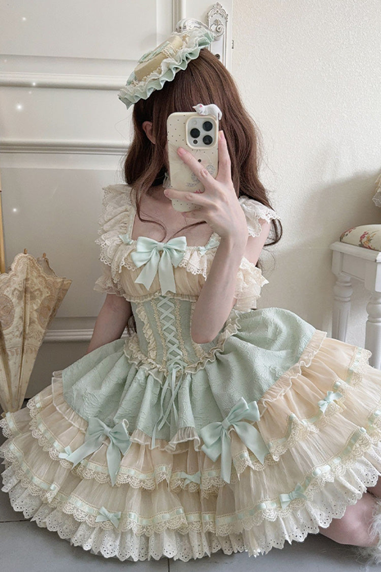 Double-Layered Ruffle Lace Bowknot Sweet Ballet Green Jsk Dress - Flory Butterfly