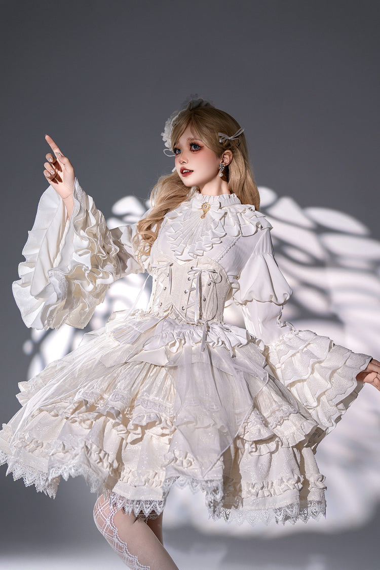 Ivory Layered Lace Elegant Skirt with Corset Belt - The Angel of Good and Evil