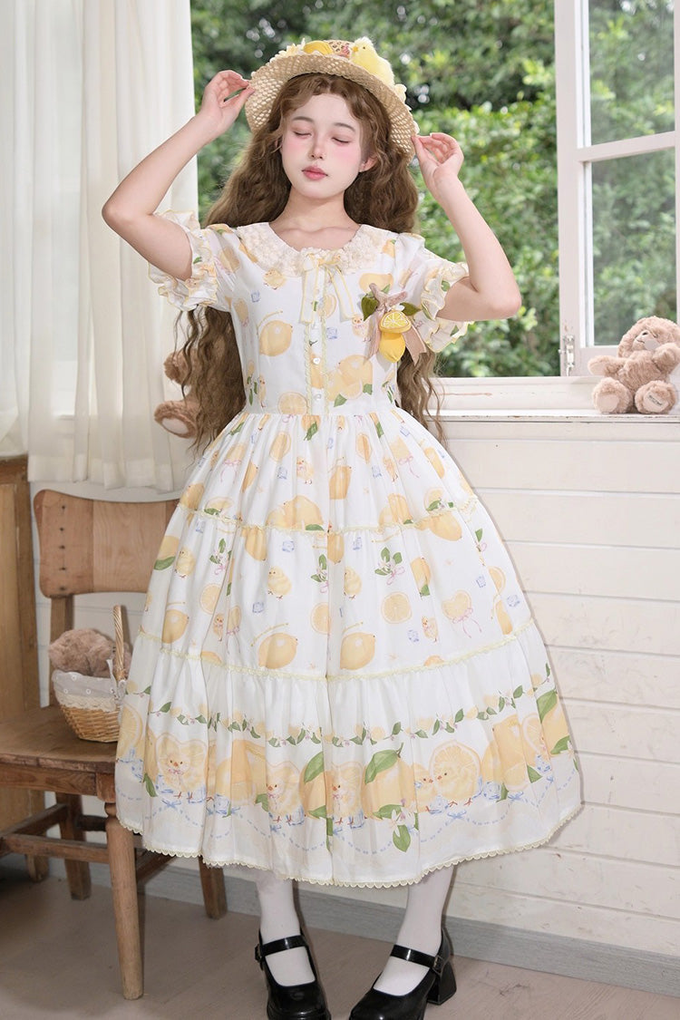 Ivory Casual Print Ruffle Bow Lace Sweet Dress
