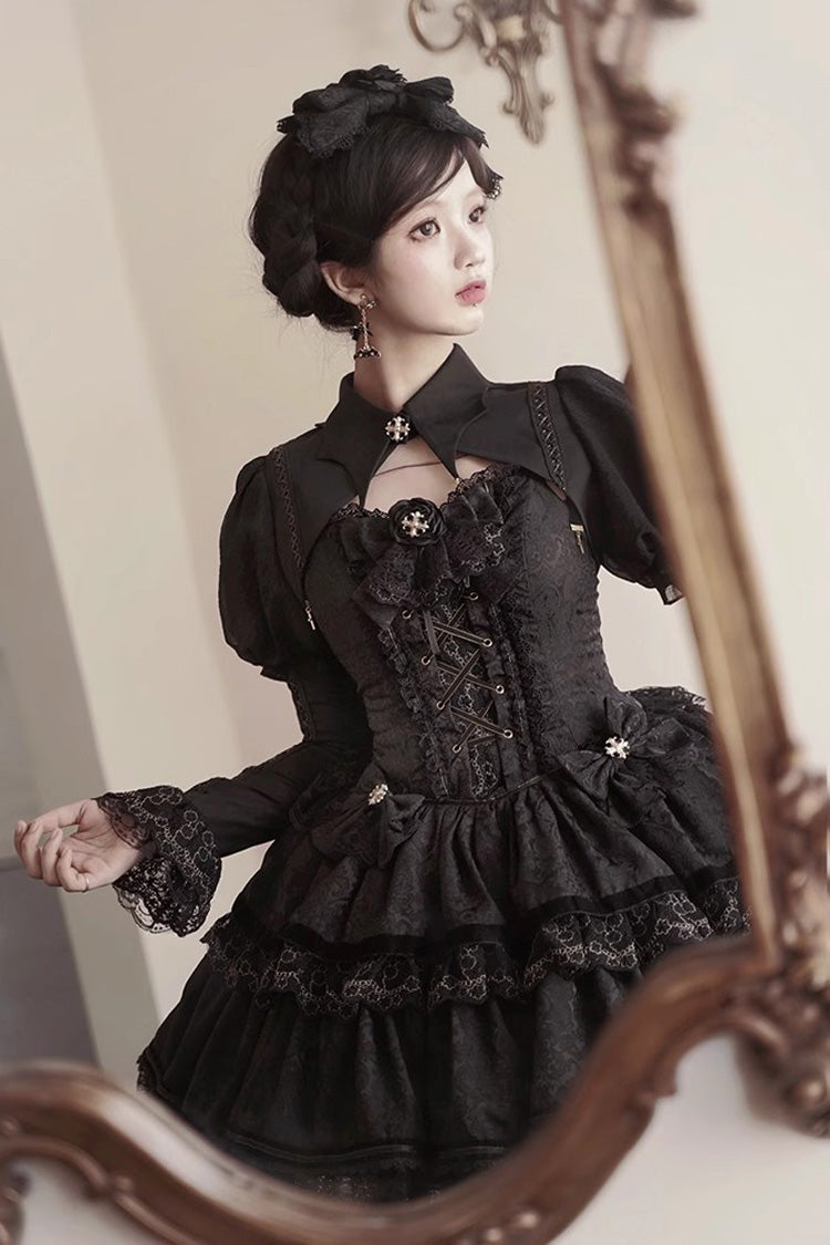 Black Gothic Ballet Lolita JSK Double Layered Lace Ruffled