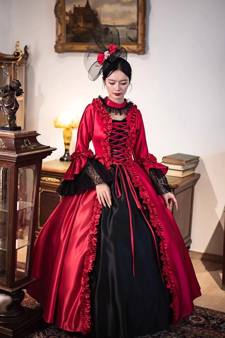 Wine Red Printed Medieval Court Rococo Gothic Victorian Lolita Long Dress