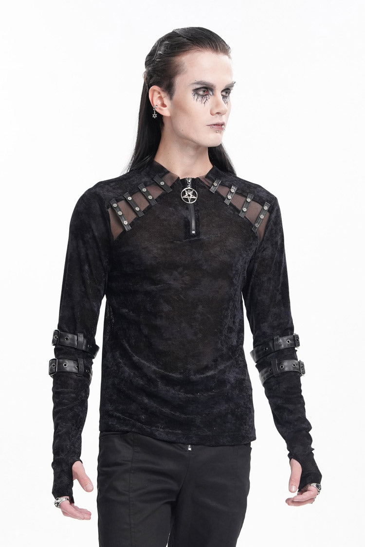 Midnight Crewneck Long-Sleeve Buckle Star Studded Gothic Tee for Men