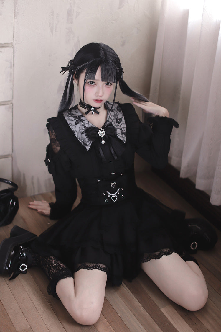 Midnight Lapel Long-Sleeve Layered Ruffled Skirt Set - Dreamy Love Ballad