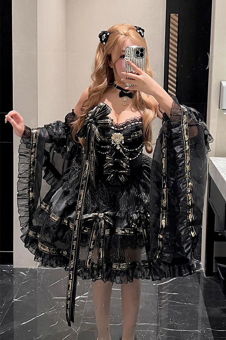 Black Sleeveless Double-Layered Ruffle Bow Pearl Gothic Dress