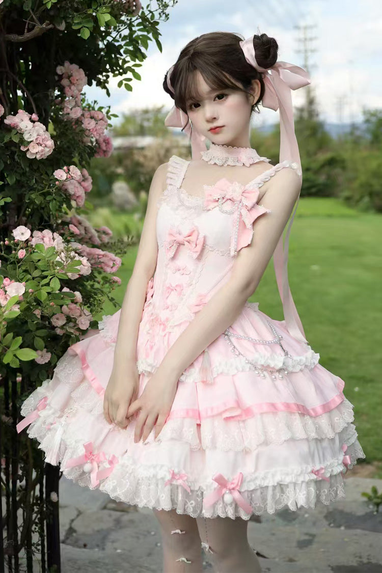 Pink Prelude of Spring Cherry Square Collar Sleeveless Jacquard Lace JSK