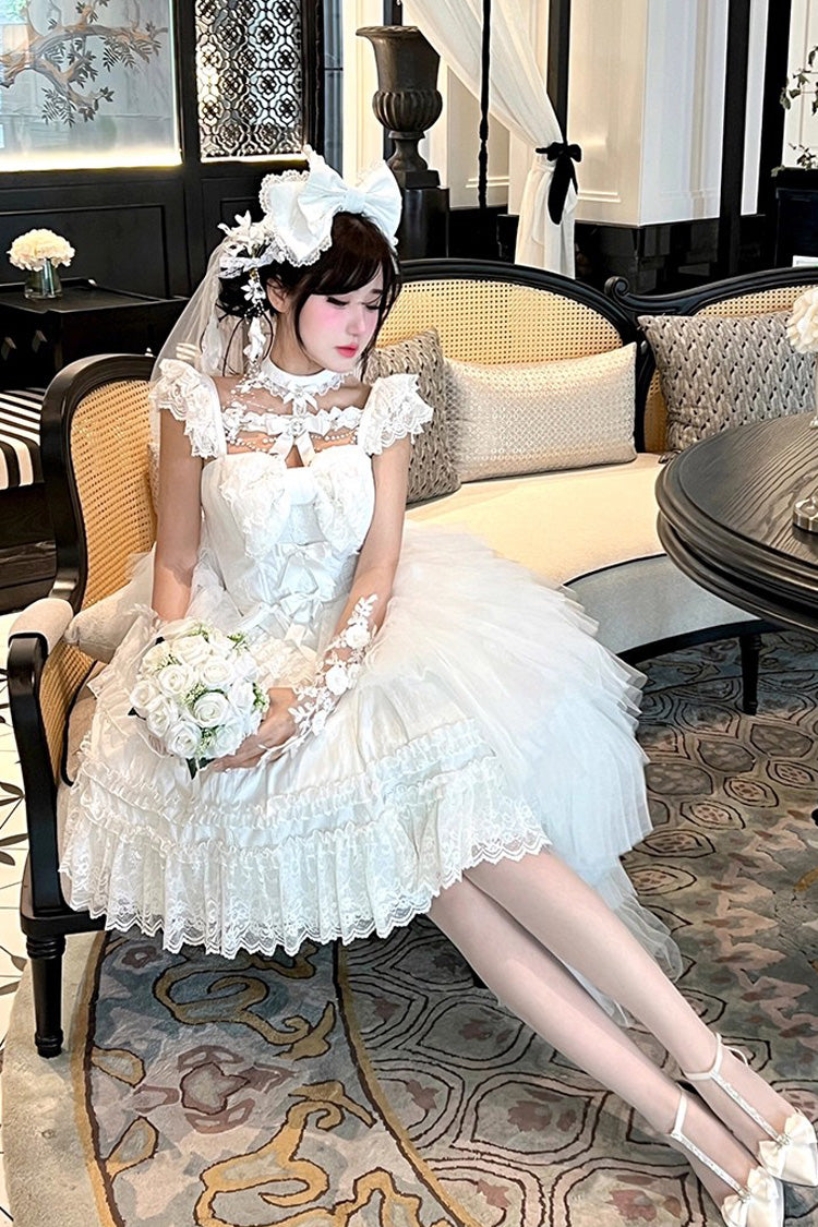Ivory Halter Ruffle Bridal Bow Lace Gothic Dress