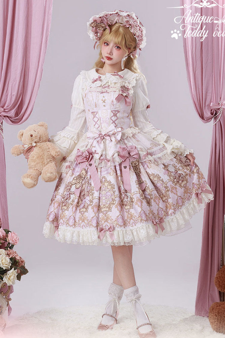 Antique Teddy Bear Sleeveless Printed Bow Lace Sweet Elegant Lolita Jsk Dress - Pink
