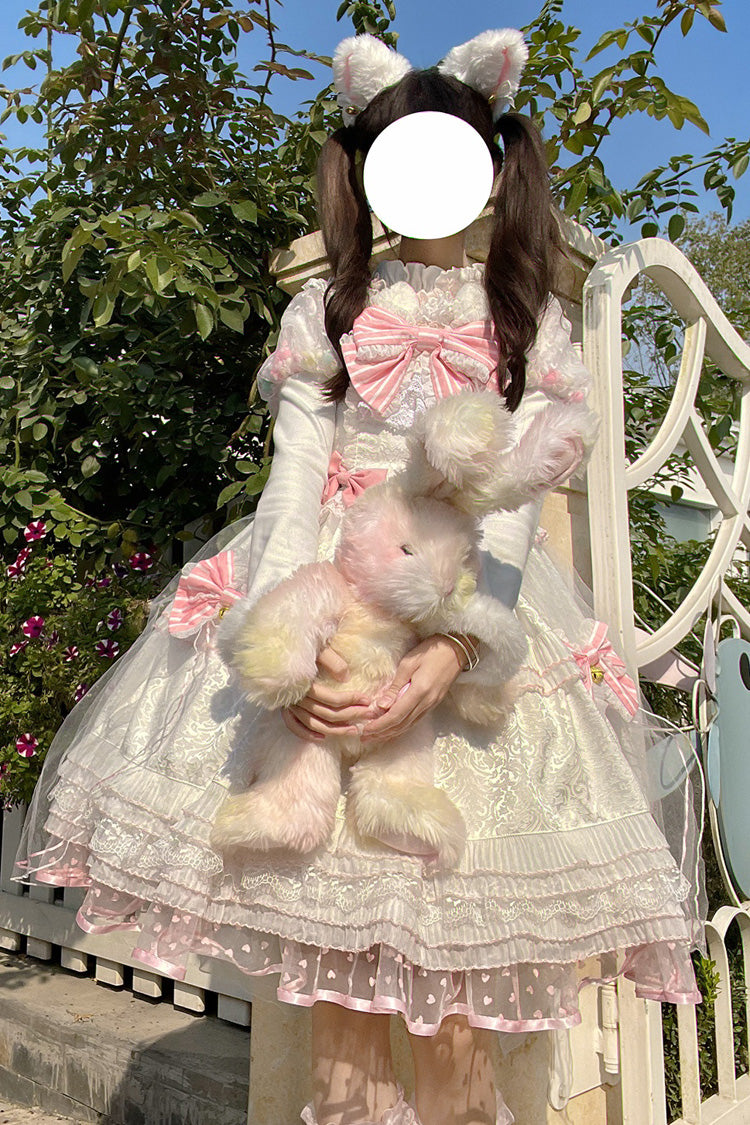 White & Pink Magic Meow Ruffled Bow Sweet Princess Lolita JSK Dress