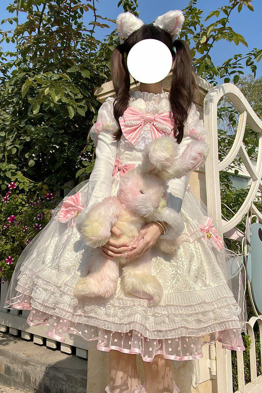 White & Pink Magic Meow Ruffled Bow Sweet Princess Lolita JSK Dress
