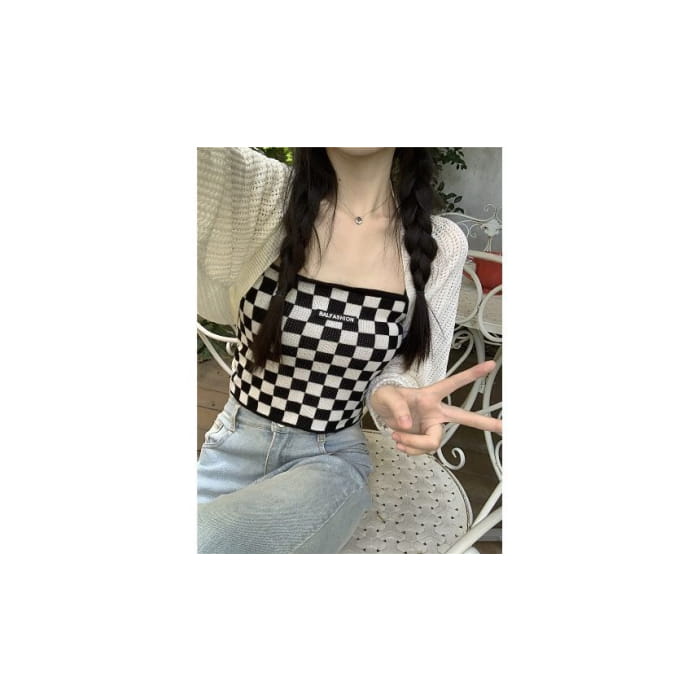 Checkerboard Knit Crop Camisole Top / Plain Pointelle Open