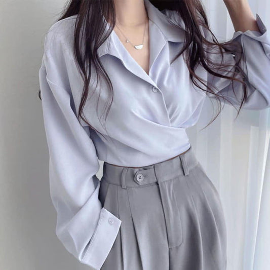 Chic Pure Color Lapel Crop Shirt - Blue / One Size