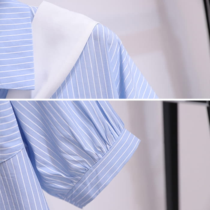 Chic Stripe Pocket Lapel T-Shirt Ripped Denim Shorts modakawa