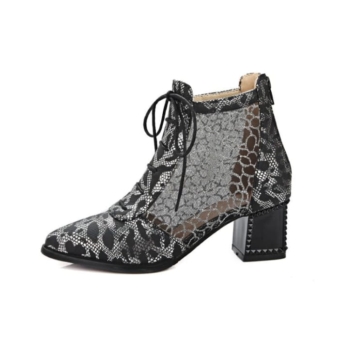 Chunky Heel Snake Skin Print Mesh Panel Lace
