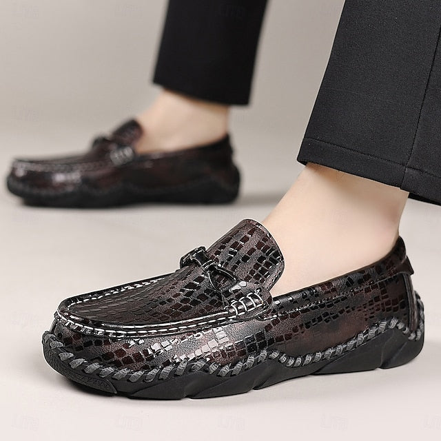 Men’s Loafers – Moc-Toe Textured Crocodile Driving Black