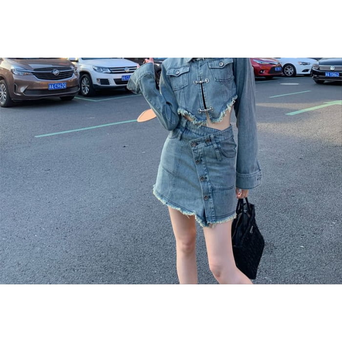 Collar Asymmetrical Fringed Denim Crop Jacket / High Waist