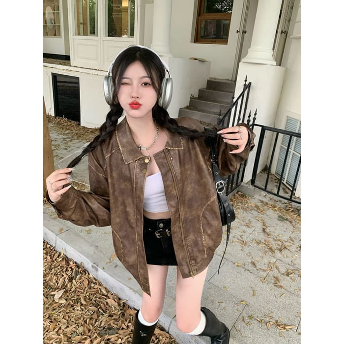 Collared Faux Leather Zip Jacket