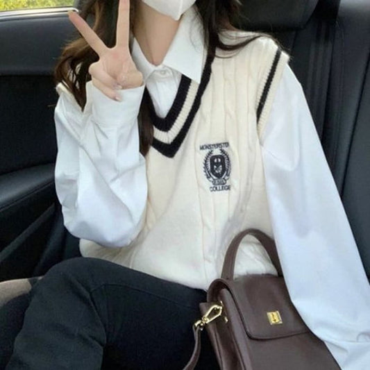 Collared Plain Shirt / V-Neck Sweater Vest / High Rise Mini