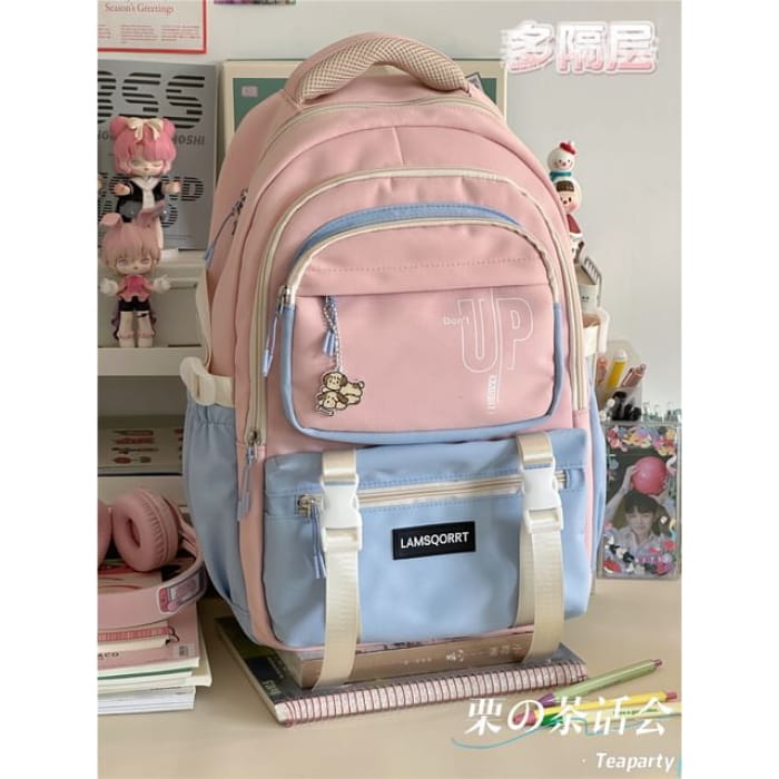 Color Block Backpack / Bag Charm / Set - Pink & Blue