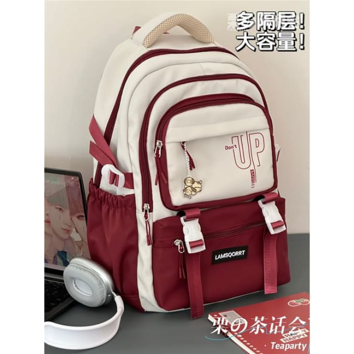 Color Block Backpack / Bag Charm / Set - Wine Red / One Size