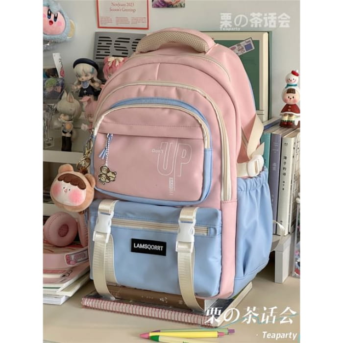 Color Block Backpack / Bag Charm / Set - With Bear Head