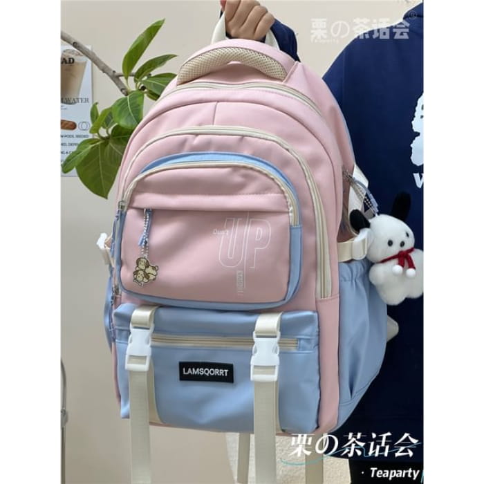 Color Block Backpack / Bag Charm / Set - With Dog - Pink &