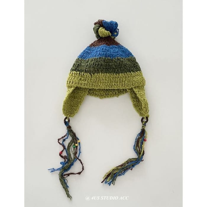 Color Block Knit Beanie - Blue & Green / One Size