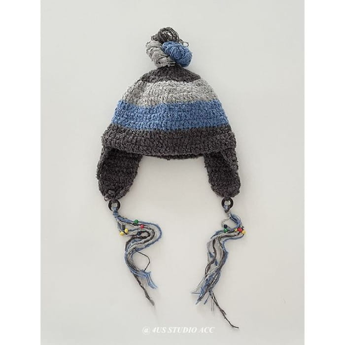 Color Block Knit Beanie - Gray & Blue Black / One Size