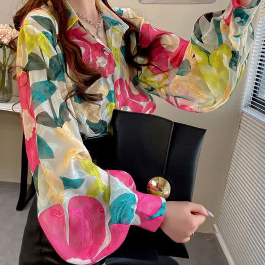 Color Floral Print Puff Sleeve Lapel Shirt Workwear - Green